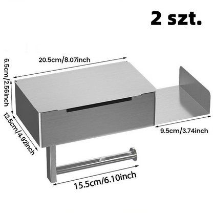 Toilet paper holder with shelf and storage compartment – drill-free installation