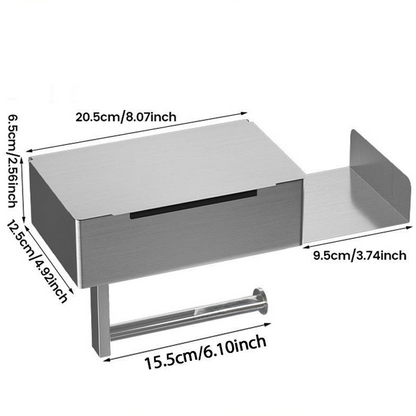Toilet paper holder with shelf and storage compartment – drill-free installation
