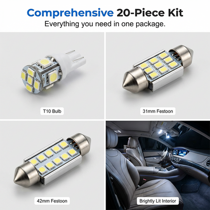 🚗20-Piece LED Car Lighting Kit: Includes roof lights, T10 parking lights, dual-tip reading lights, license plate lights, and interior lights