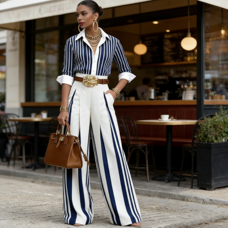 💞 Women's Striped Shirt & Wide-Leg Pants 2-Piece Set