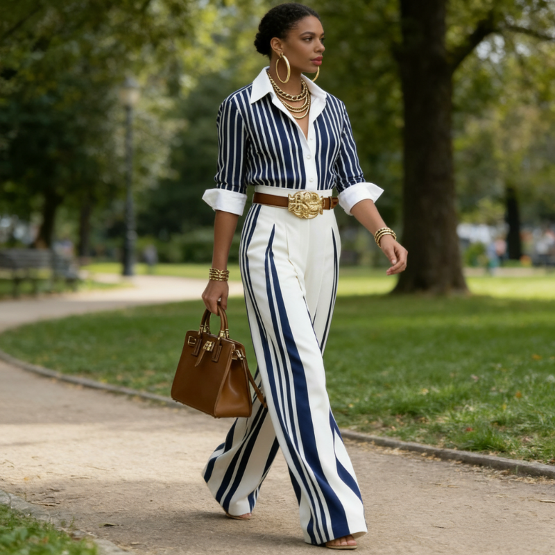 💞 Women's Striped Shirt & Wide-Leg Pants 2-Piece Set