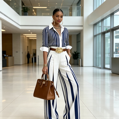 💞 Women's Striped Shirt & Wide-Leg Pants 2-Piece Set