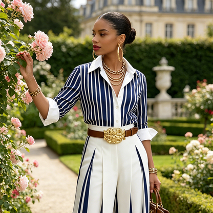 💞 Women's Striped Shirt & Wide-Leg Pants 2-Piece Set