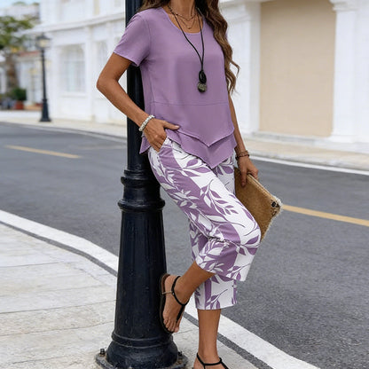 💥Last Day Special Price:£ 18.99👗Women's 2-Piece Set – Layered Asymmetrical Tunic Top & Printed Wide Leg Pants, Breathable Polyester✨
