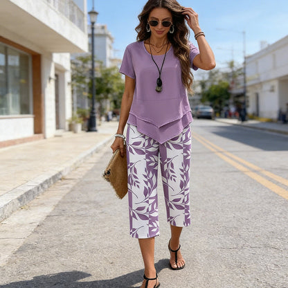 💥Last Day Special Price:£ 18.99👗Women's 2-Piece Set – Layered Asymmetrical Tunic Top & Printed Wide Leg Pants, Breathable Polyester✨