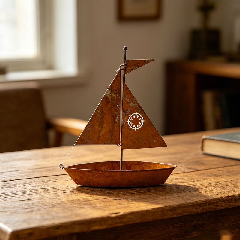 ⛵🌱 Rustic Sailboat Metal Planter – Handcrafted, weather-resistant & perfect for succulents, herbs or flowers – charming garden or shelf decor
