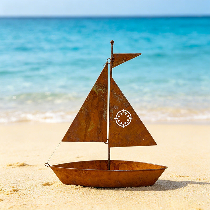 ⛵🌱 Rustic Sailboat Metal Planter – Handcrafted, weather-resistant & perfect for succulents, herbs or flowers – charming garden or shelf decor