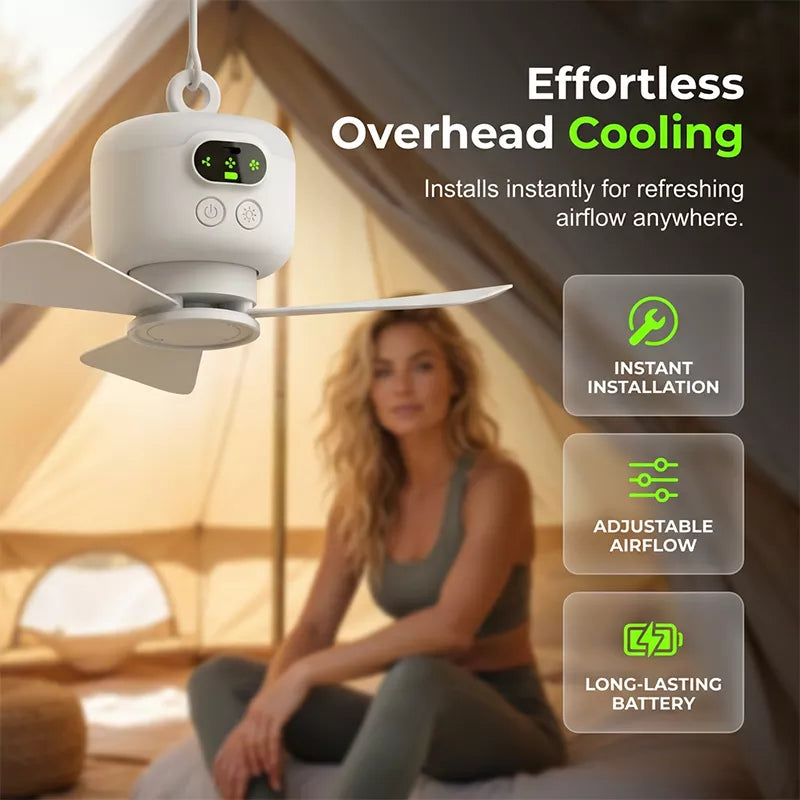 🌀 LIMITED-TIME 50% OFF! ✨ Rechargeable Ceiling Fan with LED Light – 8000mAh Battery, Remote Control, Quiet Motor 🏠