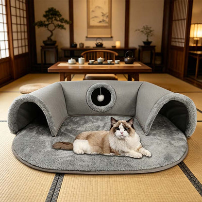 🐱 50% OFF NOW! 🛏️ Plush 2-in-1 Cat Tunnel Bed – Collapsible, scratch-resistant & cozy – combines hideaway tunnel with soft sleeping pad – perfect for play, rest & pouncing 🐾
