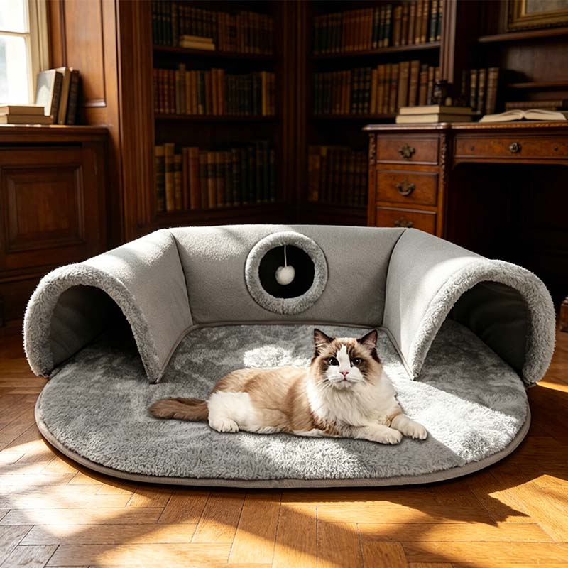 🐱 50% OFF NOW! 🛏️ Plush 2-in-1 Cat Tunnel Bed – Collapsible, scratch-resistant & cozy – combines hideaway tunnel with soft sleeping pad – perfect for play, rest & pouncing 🐾