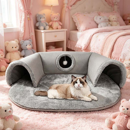 🐱 50% OFF NOW! 🛏️ Plush 2-in-1 Cat Tunnel Bed – Collapsible, scratch-resistant & cozy – combines hideaway tunnel with soft sleeping pad – perfect for play, rest & pouncing 🐾
