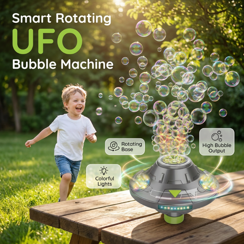 🛸 SMART ROTATING UFO BUBBLE MACHINE — 360° Auto-Rotation | Rechargeable | RGB Lights & Remote