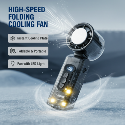 ❄️3-in-1 Foldable Transparent Handheld Fan with 100 Speeds ️ 1800mAh Portable Turbo Fan with LED Torch & SOS Light | 13,000RPM High Speed Refrigeration Fan for Travel & Camping