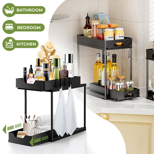 ✨2-Tier Sliding Organizer, Multi-Purpose Storage for Bathroom & Kitchen