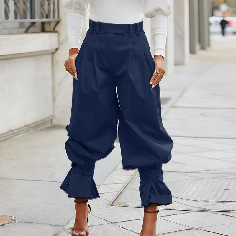Women's Pleated Lantern Pants with Ruffled Cuffs