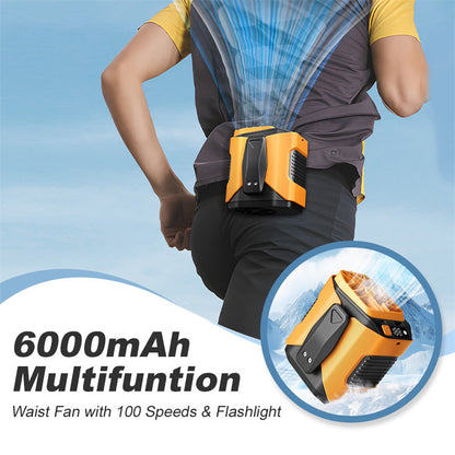 🌀6000mAh Multifuntion Waist Fan with 100 Speeds & Flashlight