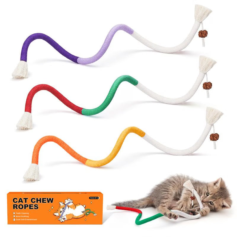 🐾🧶Cat Toys Chew Ropes 3Pcs, Safe Teeth Cleaning Toy for Indoor Kittens, Calming Interactive Kitty Toys