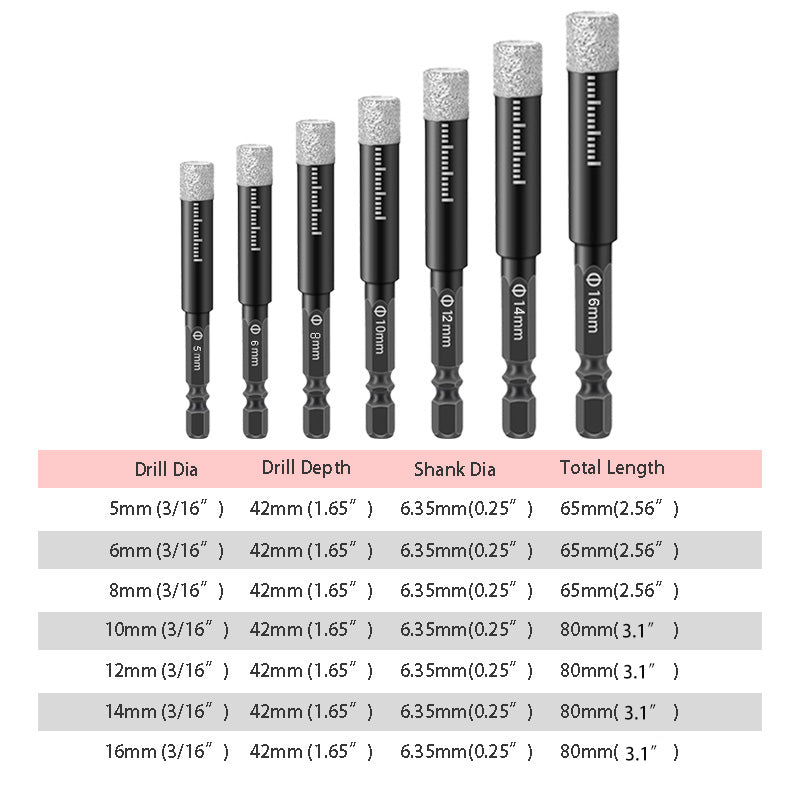 Diamond Drill Bits Set – 5-16mm Sizes, Hex Shank, Dry/Wet Use – Smooth Precision Holes