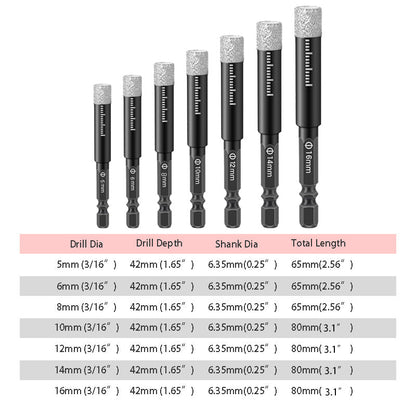 Diamond Drill Bits Set – 5-16mm Sizes, Hex Shank, Dry/Wet Use – Smooth Precision Holes
