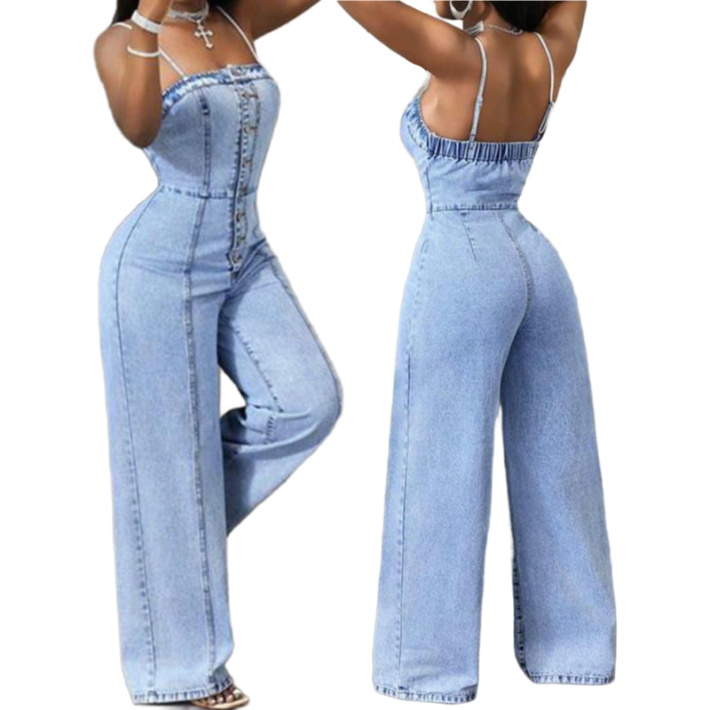 Women's Casual Denim Halter Backless Wide Leg Pants