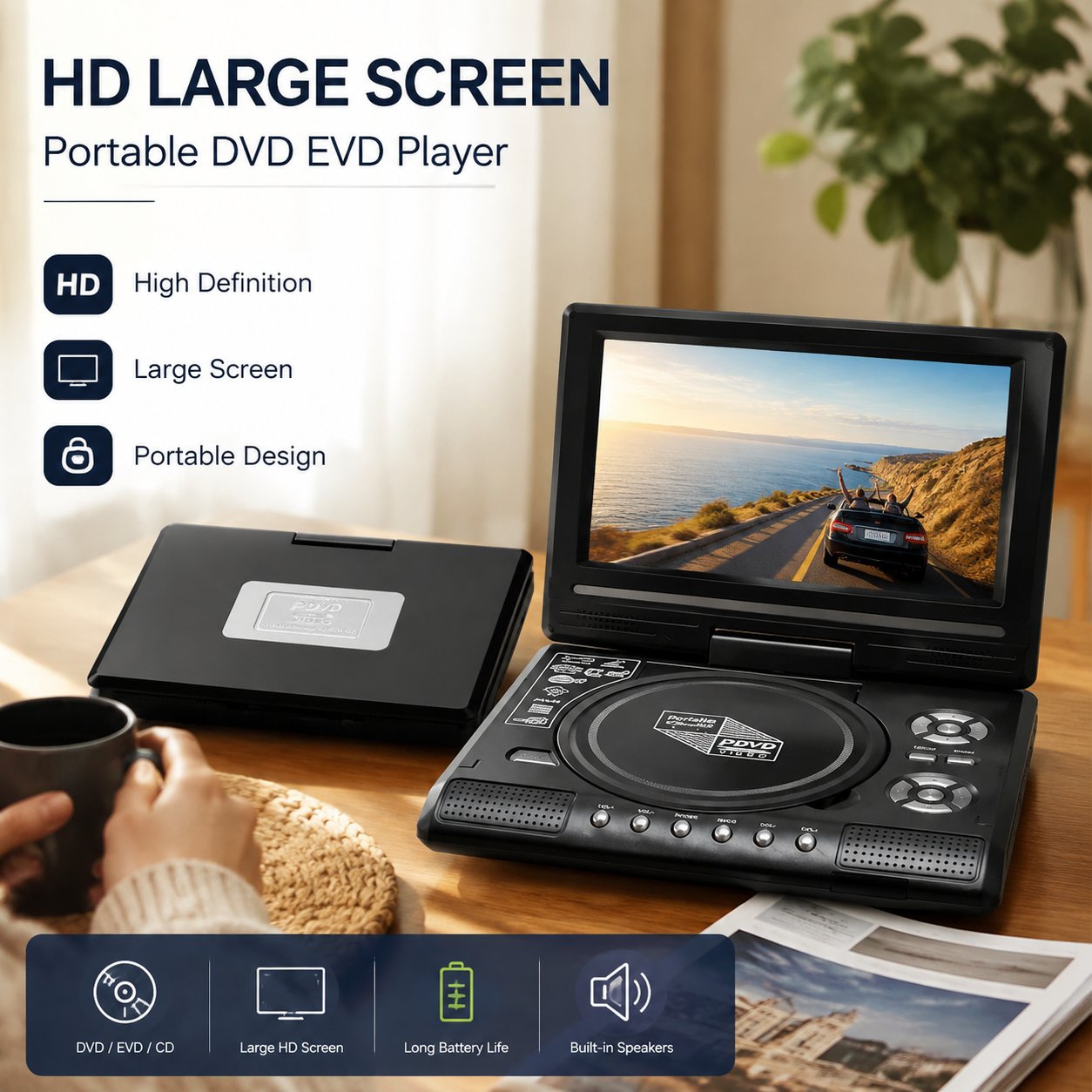 📺 7.8" HD Portable DVD/EVD Player – Large Screen, Rechargeable & Compatible with DVD/CD/USB/SD – Perfect for Home & Travel