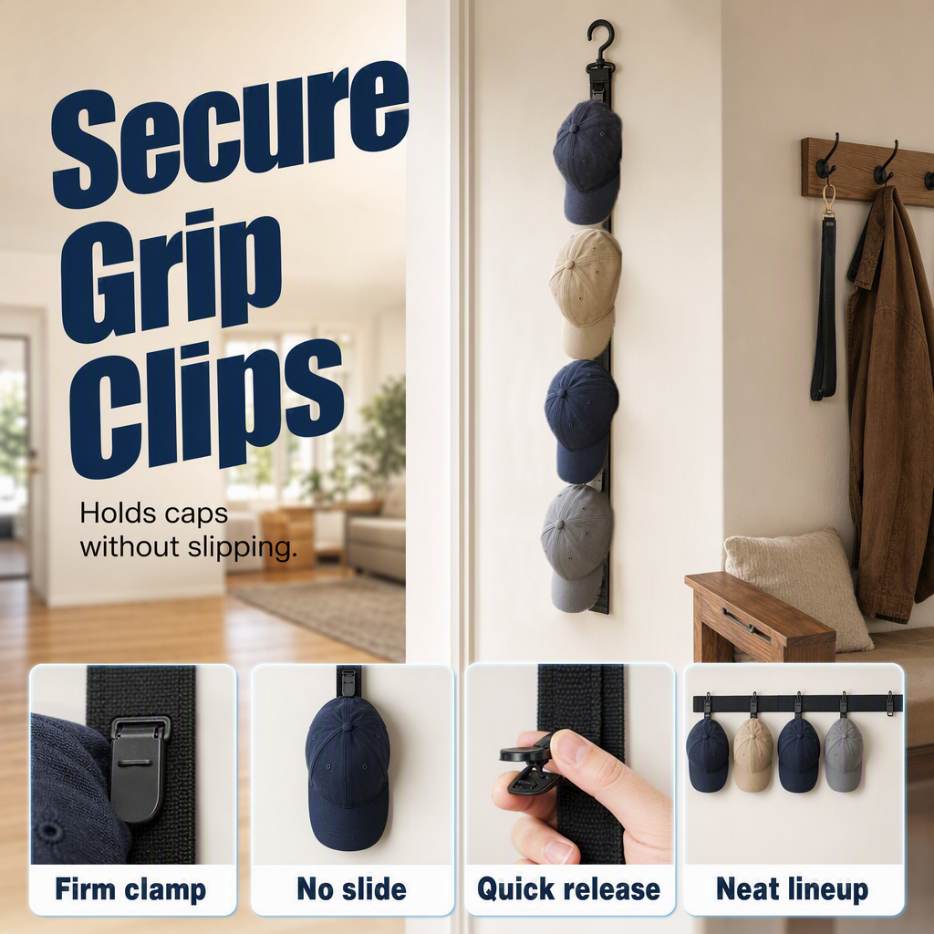 ✨ 8-Clip Wall Mount Hat Rack – Helps Save Space & Display Your Cap Collection, for Bedroom, Closet