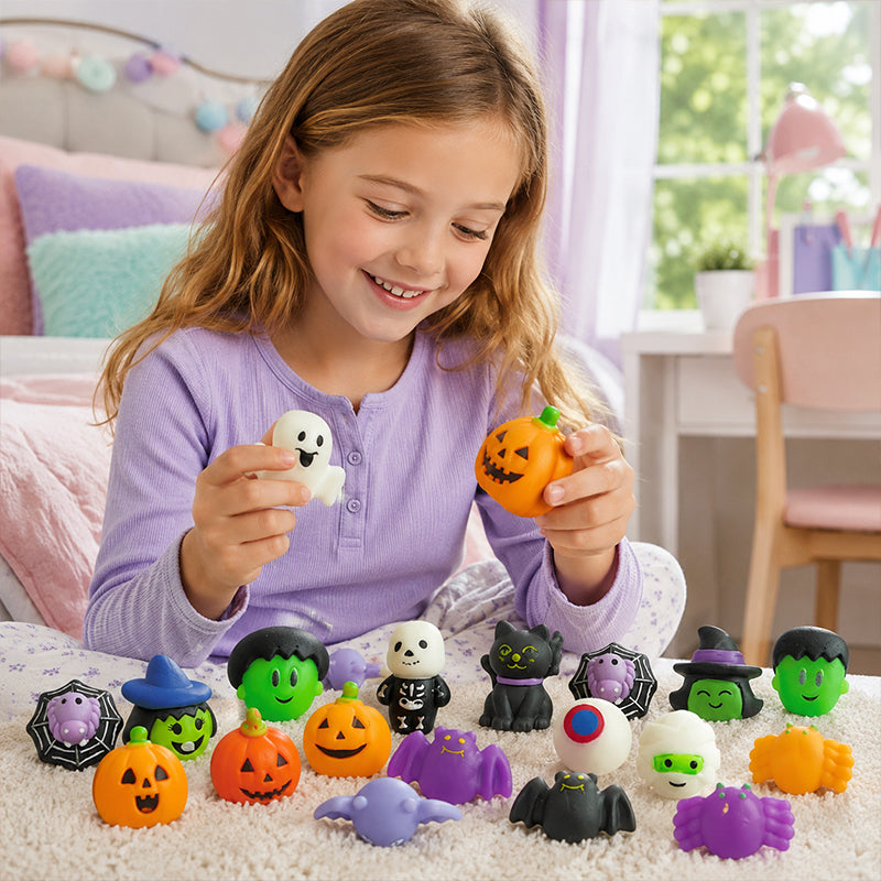 Halloween Squishies Stress Relief Toy Set, Classic Pumpkin/Ghost/Bat Shapes, Super Soft TPR Material with Elastic Squeeze Feel, Washable & Durable, Assorted 24/36/50pcs for Party Favors, Classroom Rewards & Trick-or-Treat