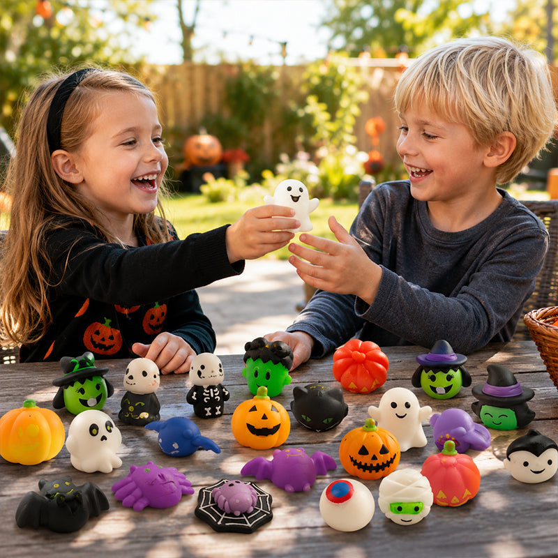 Halloween Squishies Stress Relief Toy Set, Classic Pumpkin/Ghost/Bat Shapes, Super Soft TPR Material with Elastic Squeeze Feel, Washable & Durable, Assorted 24/36/50pcs for Party Favors, Classroom Rewards & Trick-or-Treat