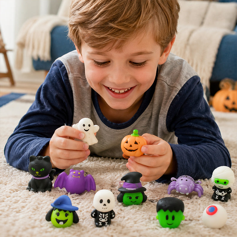 Halloween Squishies Stress Relief Toy Set, Classic Pumpkin/Ghost/Bat Shapes, Super Soft TPR Material with Elastic Squeeze Feel, Washable & Durable, Assorted 24/36/50pcs for Party Favors, Classroom Rewards & Trick-or-Treat