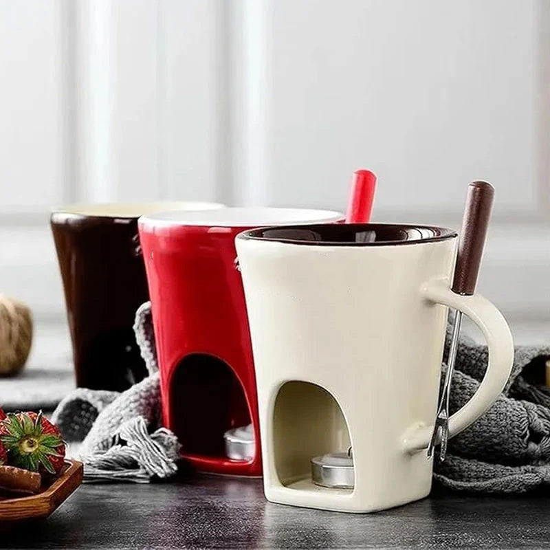Ceramic Chocolate and Cheese Fondue Melter Mug with Fork