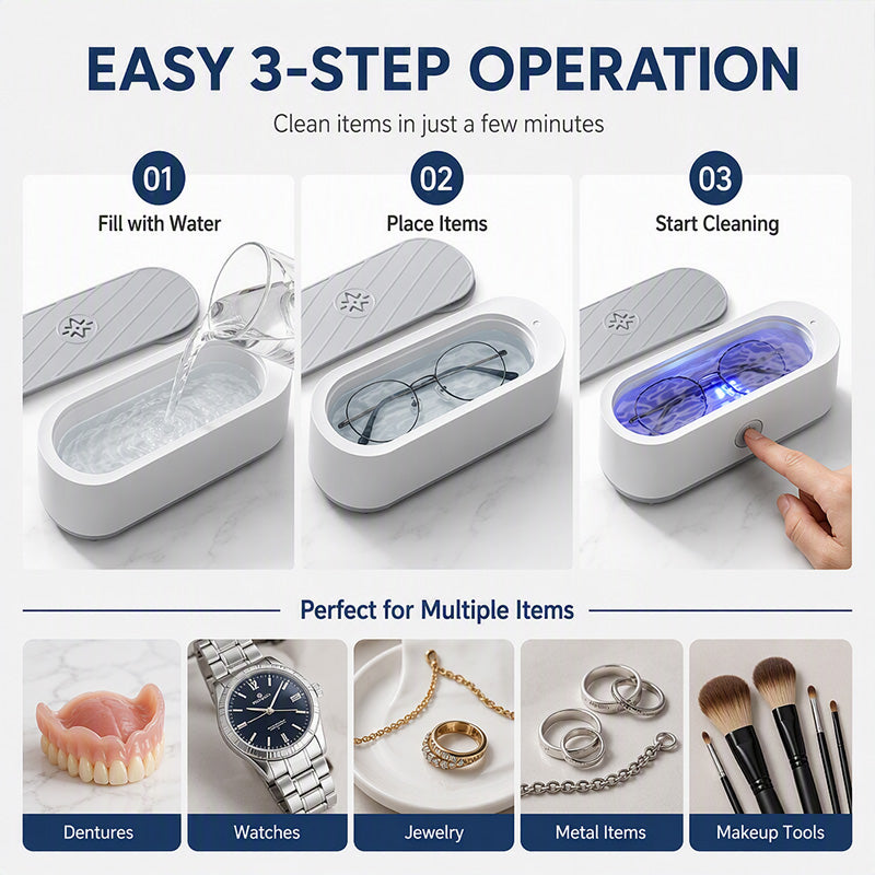 Multifunctional Ultrasonic Cleaner for Jewelry, Watches & Dentures, 3W Cordless Deep Cleaning