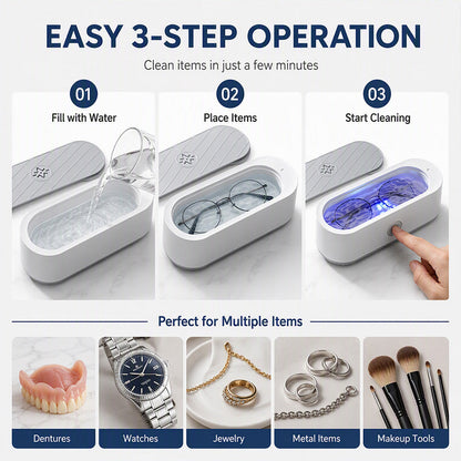 Multifunctional Ultrasonic Cleaner for Jewelry, Watches & Dentures, 3W Cordless Deep Cleaning