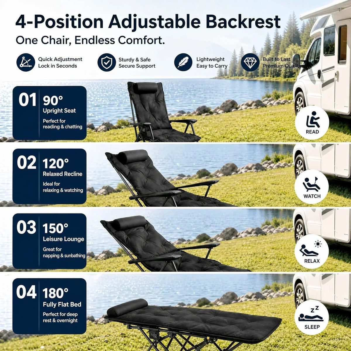 Portable, adjustable folding chair for outdoor use – Lightweight, sturdy & versatile