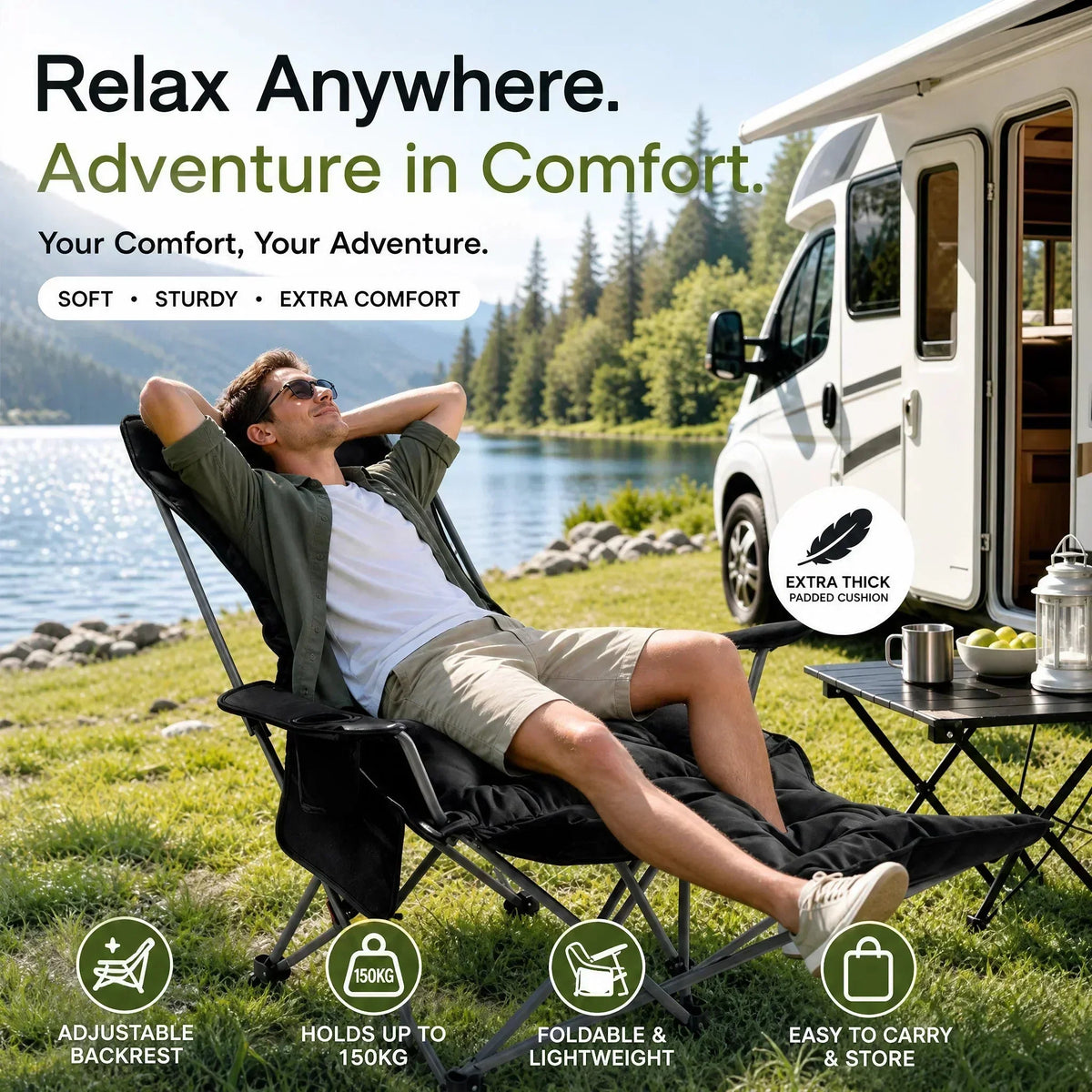 Portable, adjustable folding chair for outdoor use – Lightweight, sturdy & versatile