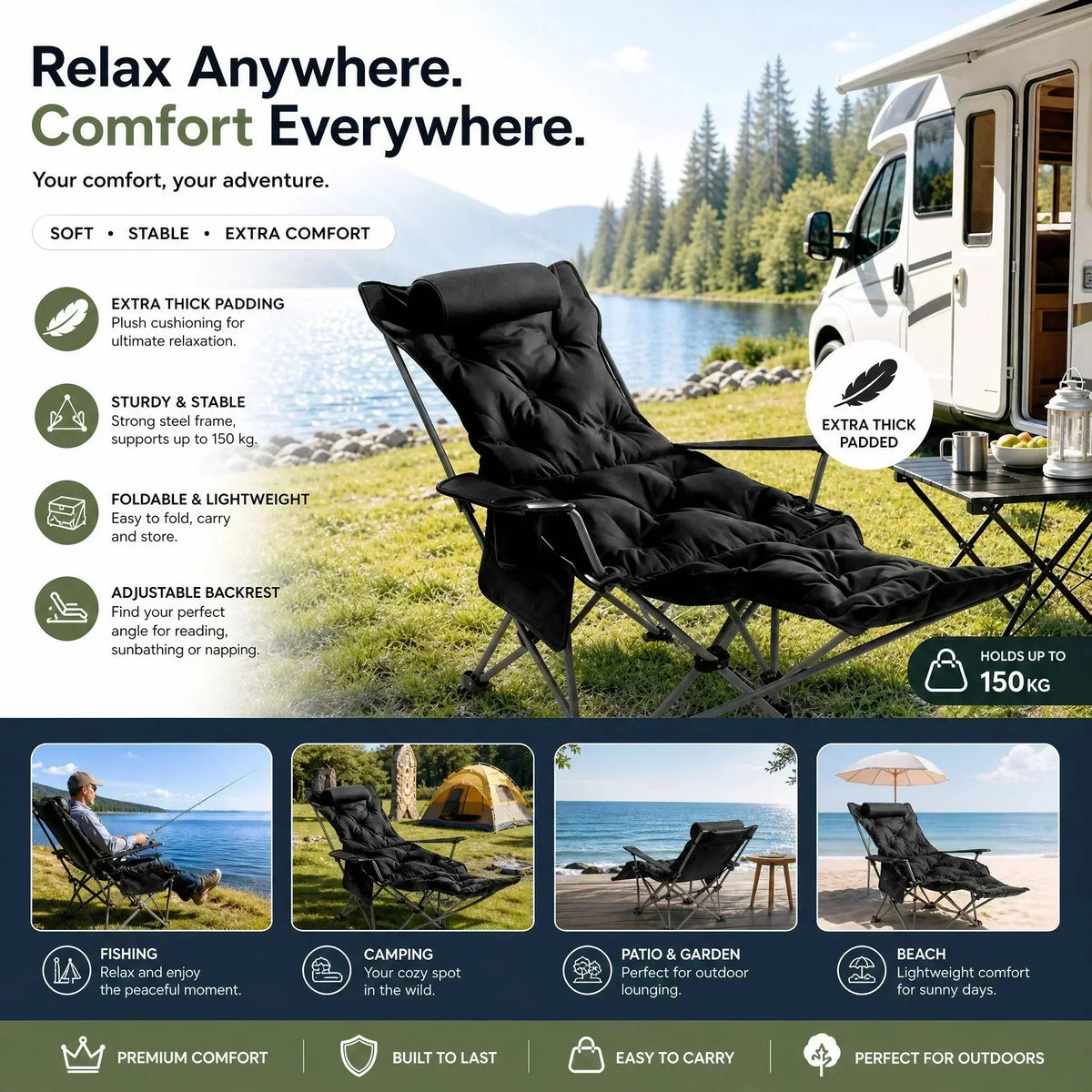 Portable, adjustable folding chair for outdoor use – Lightweight, sturdy & versatile