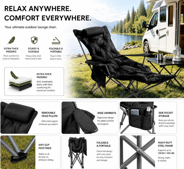 Portable, adjustable folding chair for outdoor use – Lightweight, sturdy & versatile