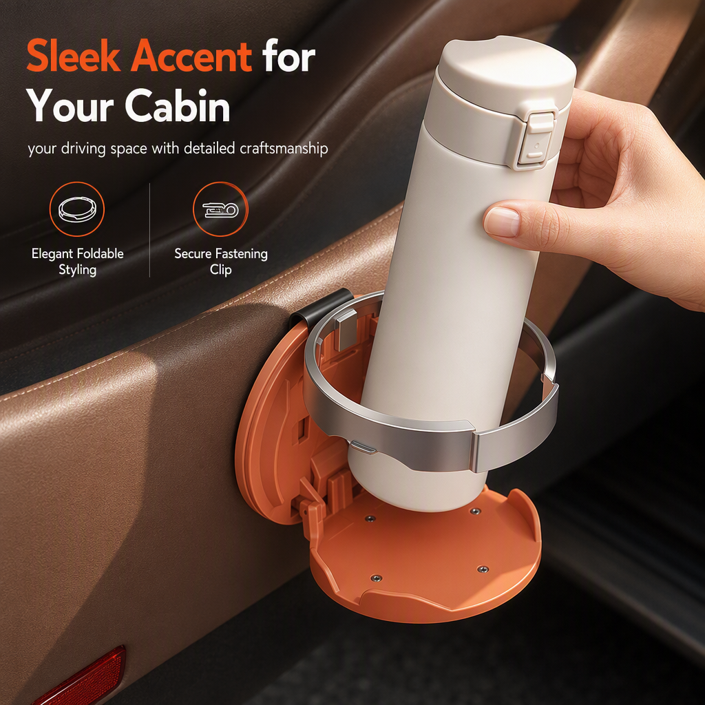 Universal Foldable Car Cup Holder with Hook, Space-Saving Vehicle Drink Holder for Bottles, Coffee Cups & Tumblers