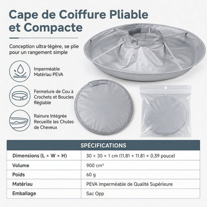 Hair Cutting Cape with Catcher – built-in groove traps clippings, no mess on clothes or floors. Waterproof, non-static, folds flat. Perfect for home trims & kids' cuts