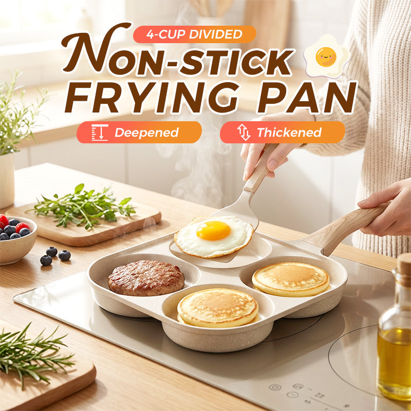Non-stick Hole Design Egg Frying Pan, 4 Hole Skillet with Handle, Small Egg Fry Pan 3-in-1 Divided Grill Pan, Wooden Handle Stone Omelet Non-stick Cookware