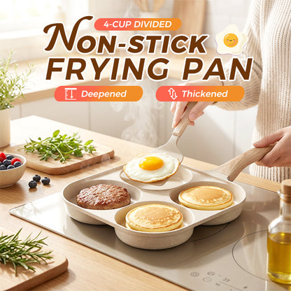 Non-stick Hole Design Egg Frying Pan, 4 Hole Skillet with Handle, Small Egg Fry Pan 3-in-1 Divided Grill Pan, Wooden Handle Stone Omelet Non-stick Cookware