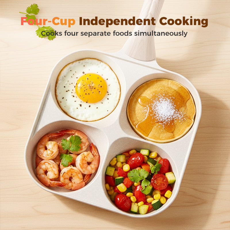 Non-stick Hole Design Egg Frying Pan, 4 Hole Skillet with Handle, Small Egg Fry Pan 3-in-1 Divided Grill Pan, Wooden Handle Stone Omelet Non-stick Cookware