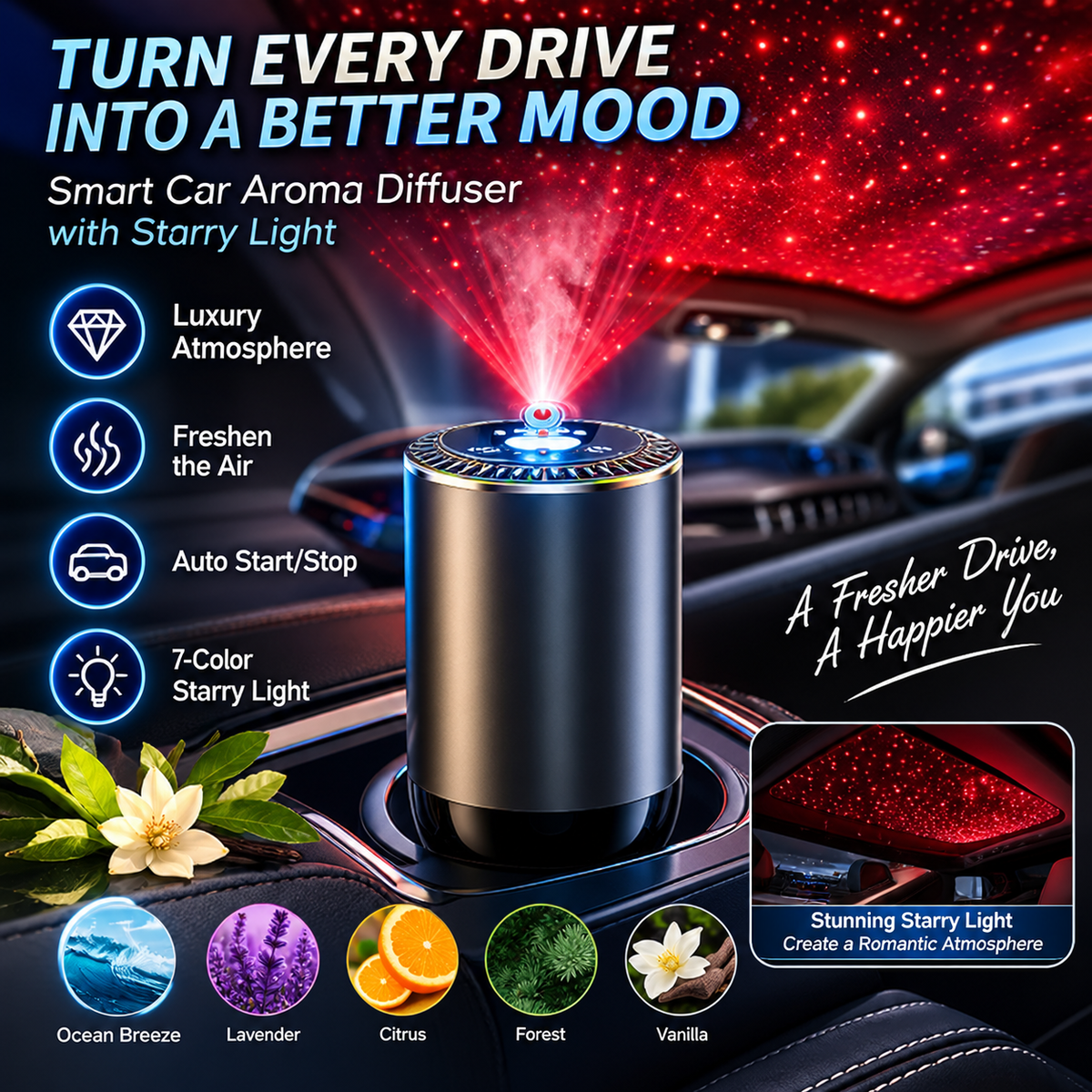 Smart Car Aroma Diffuser with Starry Projection
