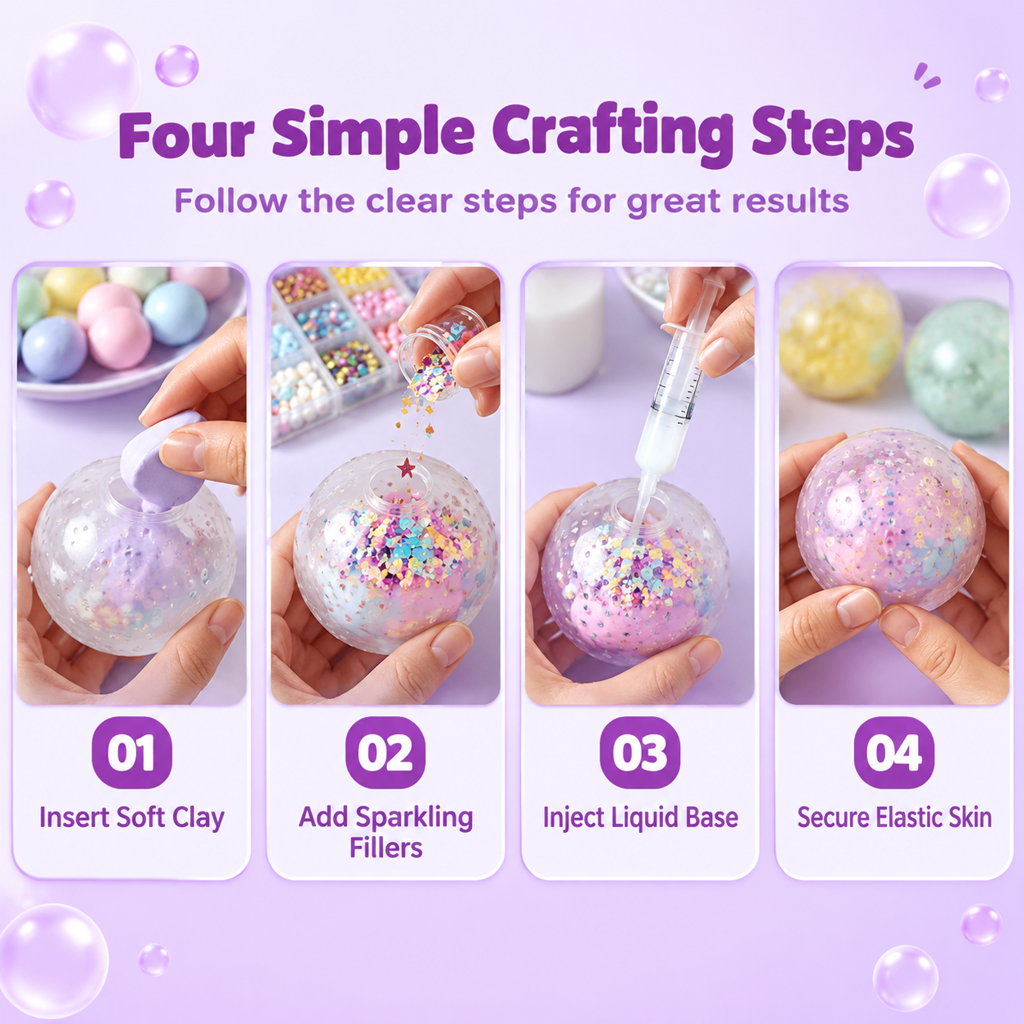 DIY Squeeze Ball Making Kit – mix colorful clay & sparkling fillers, leak-proof slow-rising fun