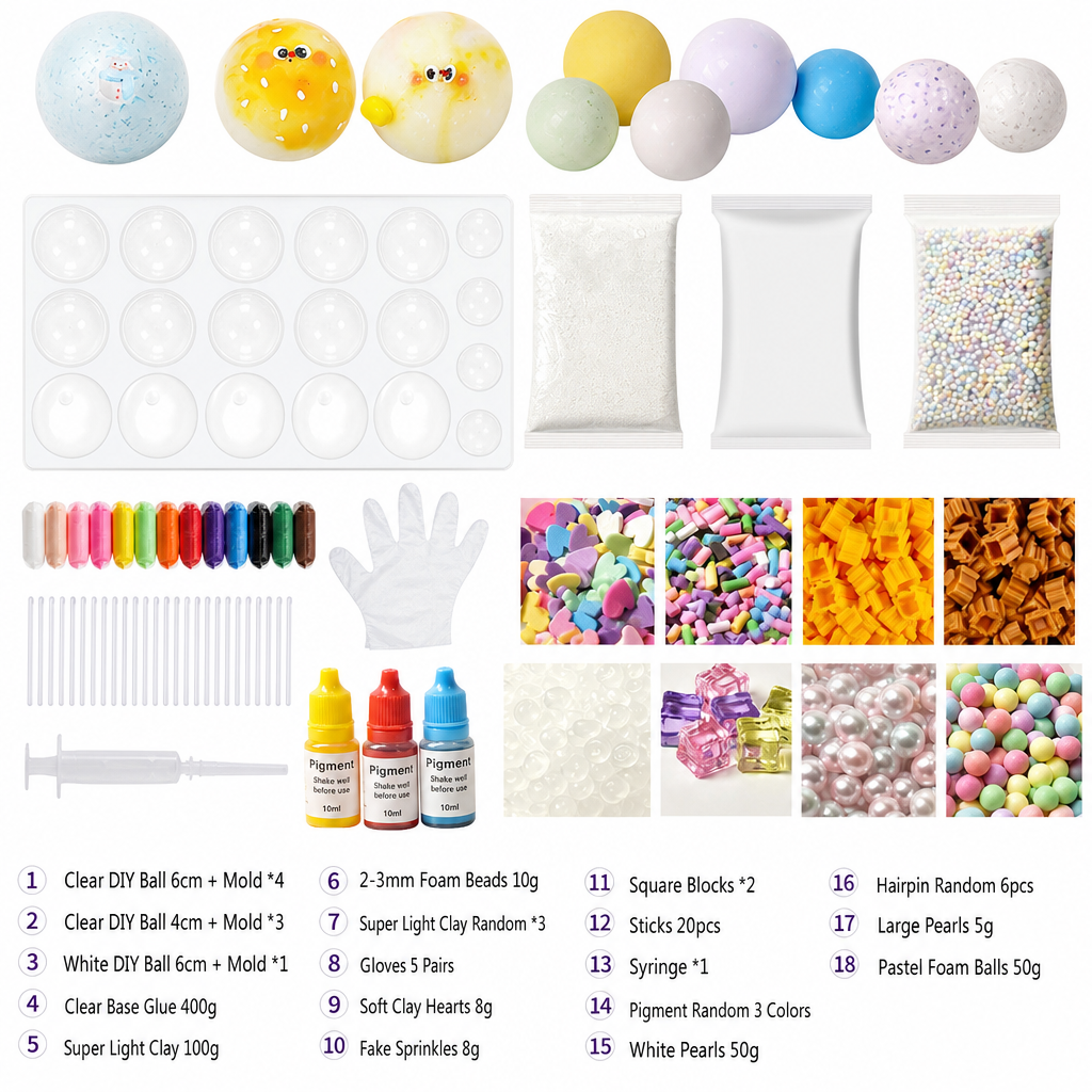 DIY Squeeze Ball Making Kit – mix colorful clay & sparkling fillers, leak-proof slow-rising fun