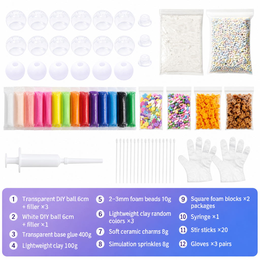 DIY Squeeze Ball Making Kit – mix colorful clay & sparkling fillers, leak-proof slow-rising fun
