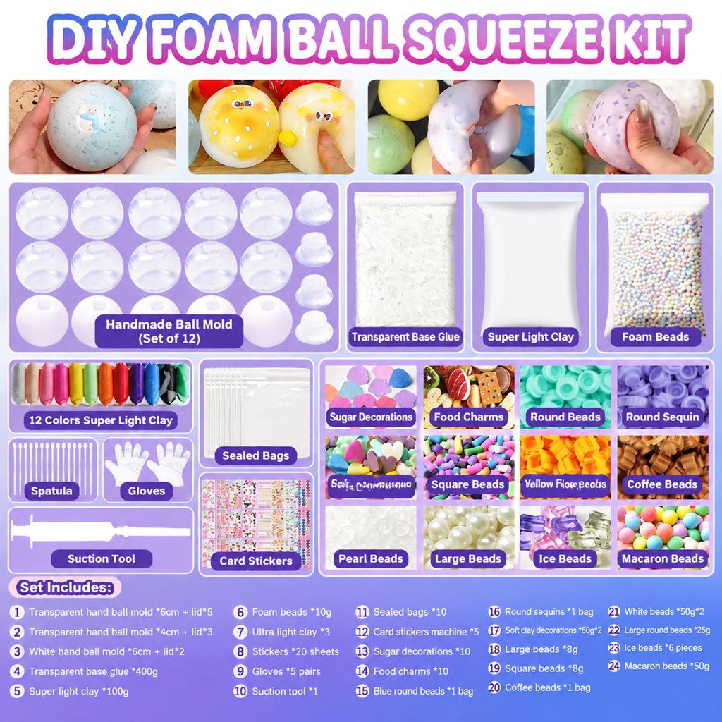 DIY Squeeze Ball Making Kit – mix colorful clay & sparkling fillers, leak-proof slow-rising fun