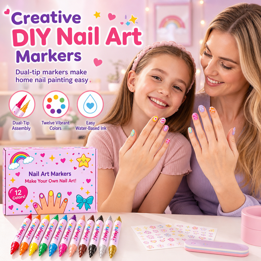 12 Colors Kids Dual Tip Nail Art Pen Set, Double Ended Markers for DIY Nail Painting
