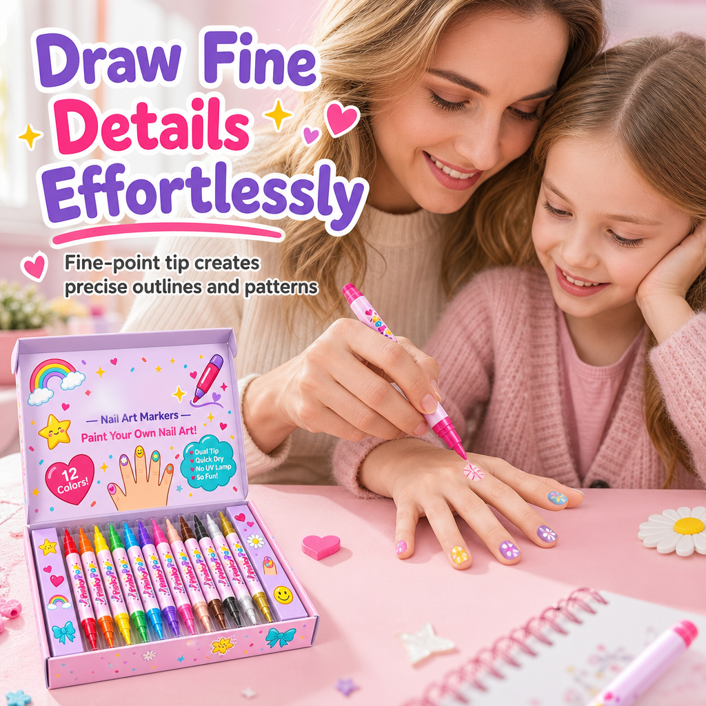12 Colors Kids Dual Tip Nail Art Pen Set, Double Ended Markers for DIY Nail Painting