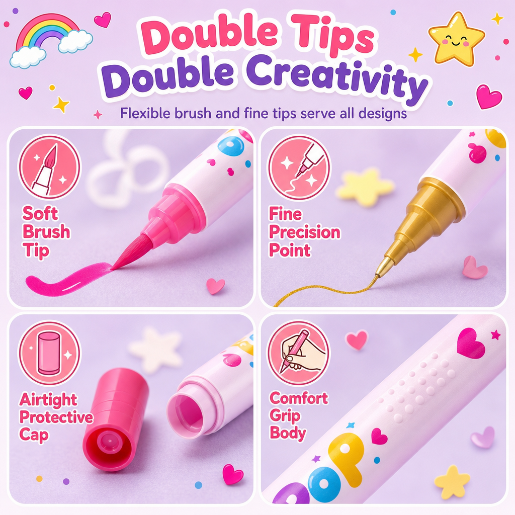 12 Colors Kids Dual Tip Nail Art Pen Set, Double Ended Markers for DIY Nail Painting