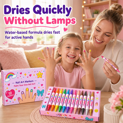 12 Colors Kids Dual Tip Nail Art Pen Set, Double Ended Markers for DIY Nail Painting